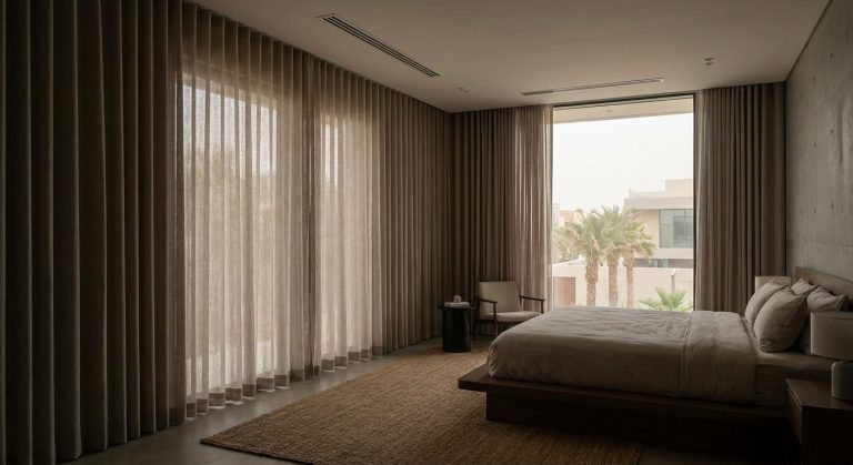 ستائر متموجة بلاك أوت في غرفة نوم مع إضاءة طبيعية